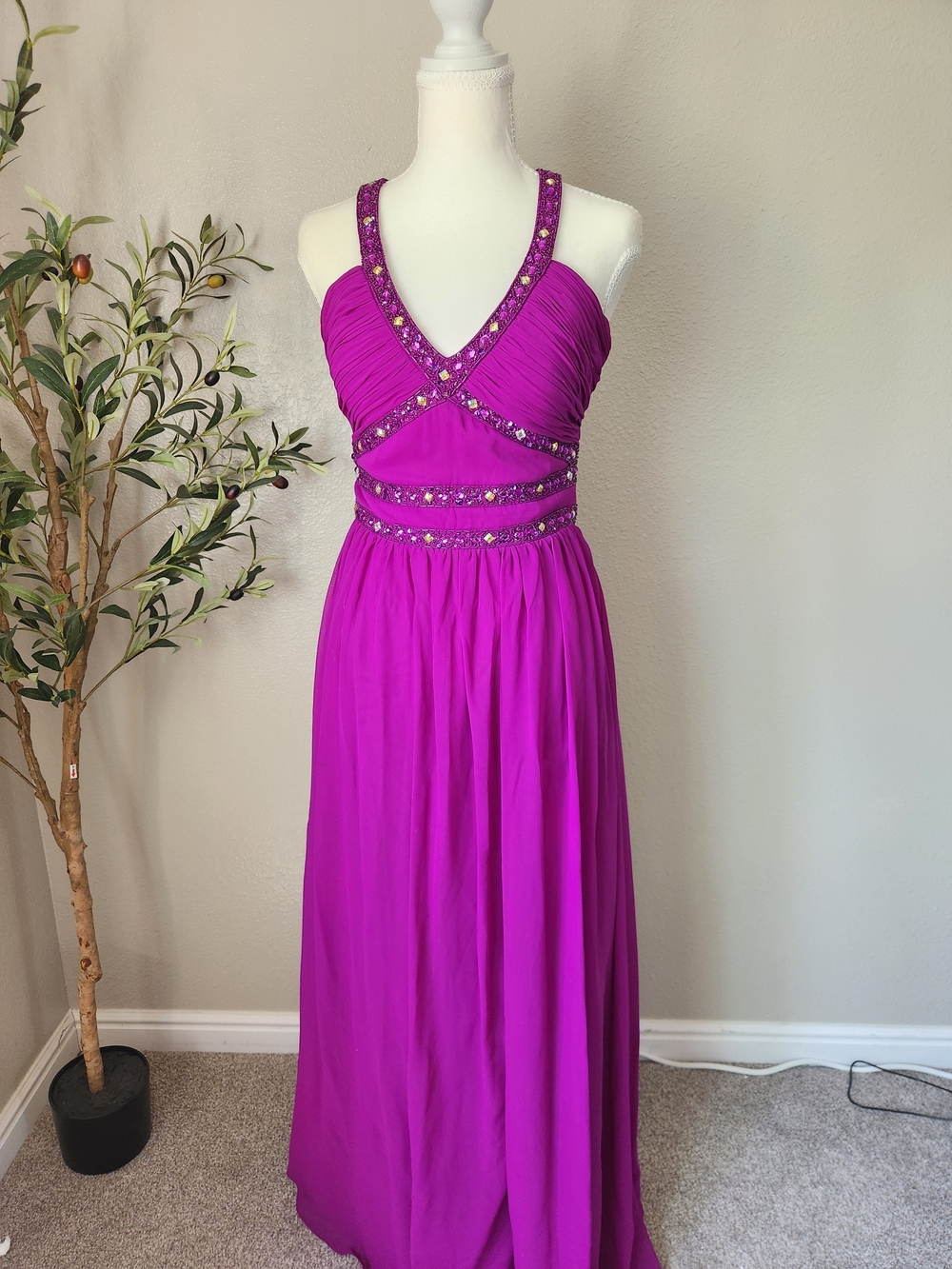 Fuchsia Beaded V-Neck Prom Gown - Women